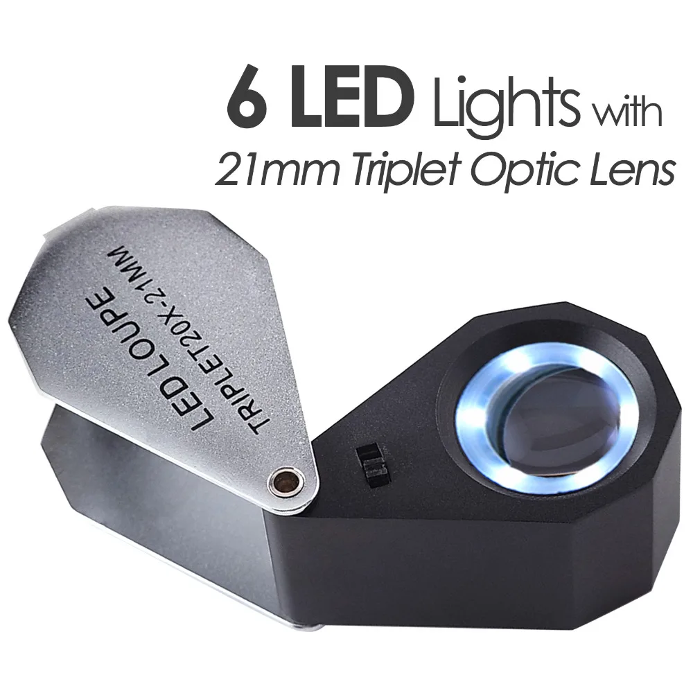 Imagem -02 - Ampliação Dobrável Foldaway Joalheiro Lupa Mais Luz Led Mais 21 mm Triplet Lente de Vidro Óptico 20x