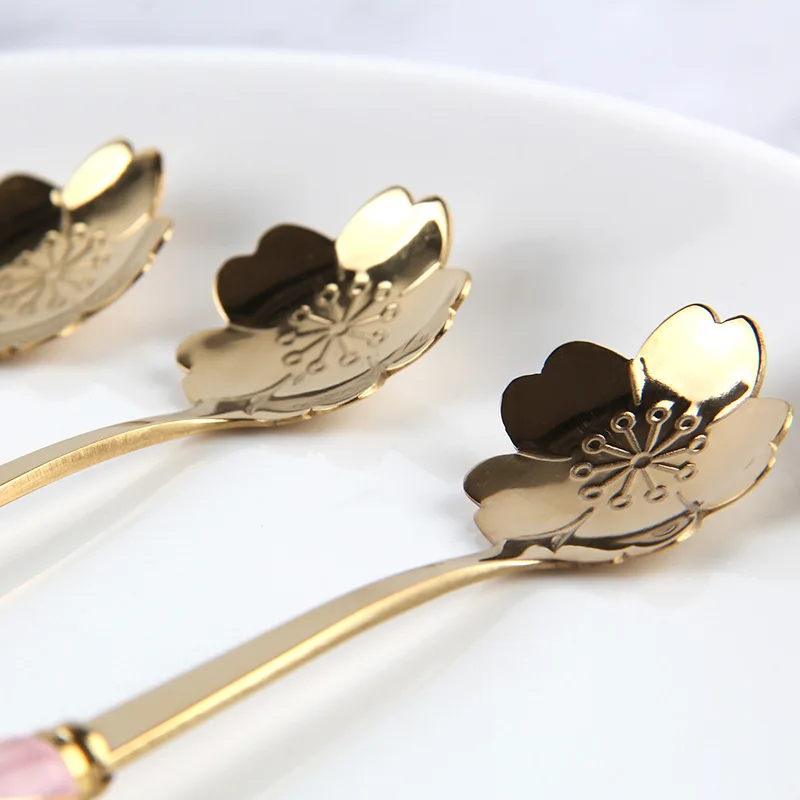 Tableware Coffee Stirring Spoon Ceramic Handle Flower Scoop Stainless Steel Gold Plated Cherry Rose Spoons Kitchen Tools