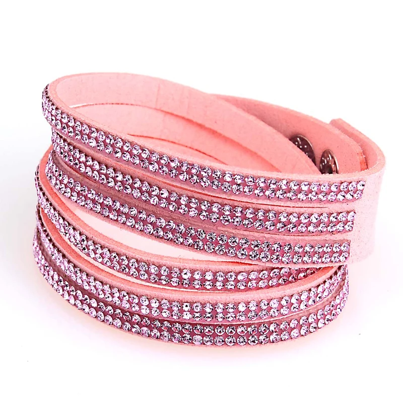 Double wrap suede leather 3 rows single color crystal bracelet double wrapped rhinestones bracelets