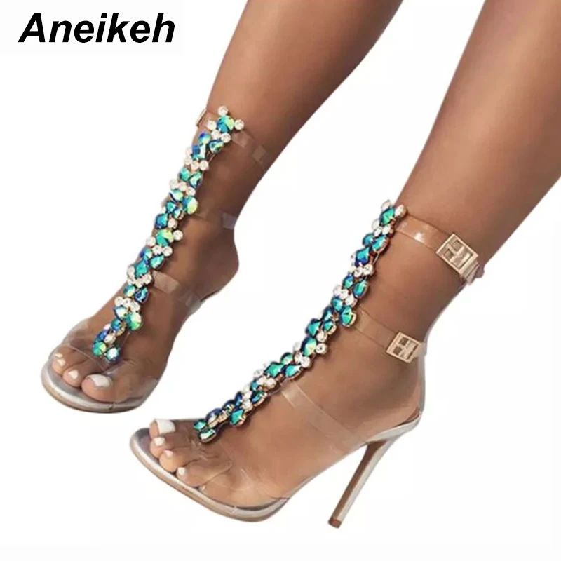 Aneikeh New Summer sandals women Buckle Strap Luxurious Blue Crystal Chain Transparent PVC High Heel Open Toe Sexy Sandals Shoes