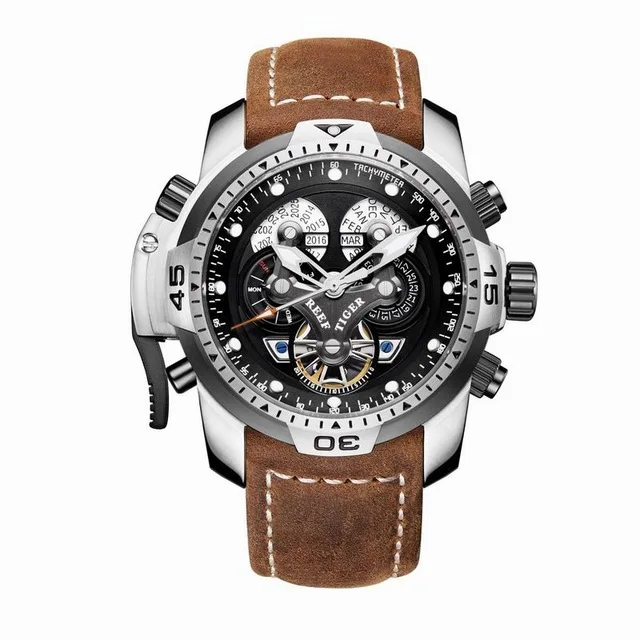 Reef Tiger Aurora Serier RGA3503 Men Sport Military Multifunction Dial Automatic Mechanical Wrist Watch - Leather Watchband