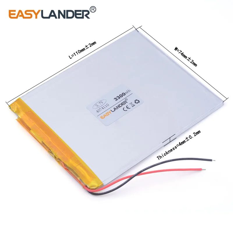 Bateria recarregável do polímero do Li-íon do lítio, 4074110, 3300mAh, 3.7V