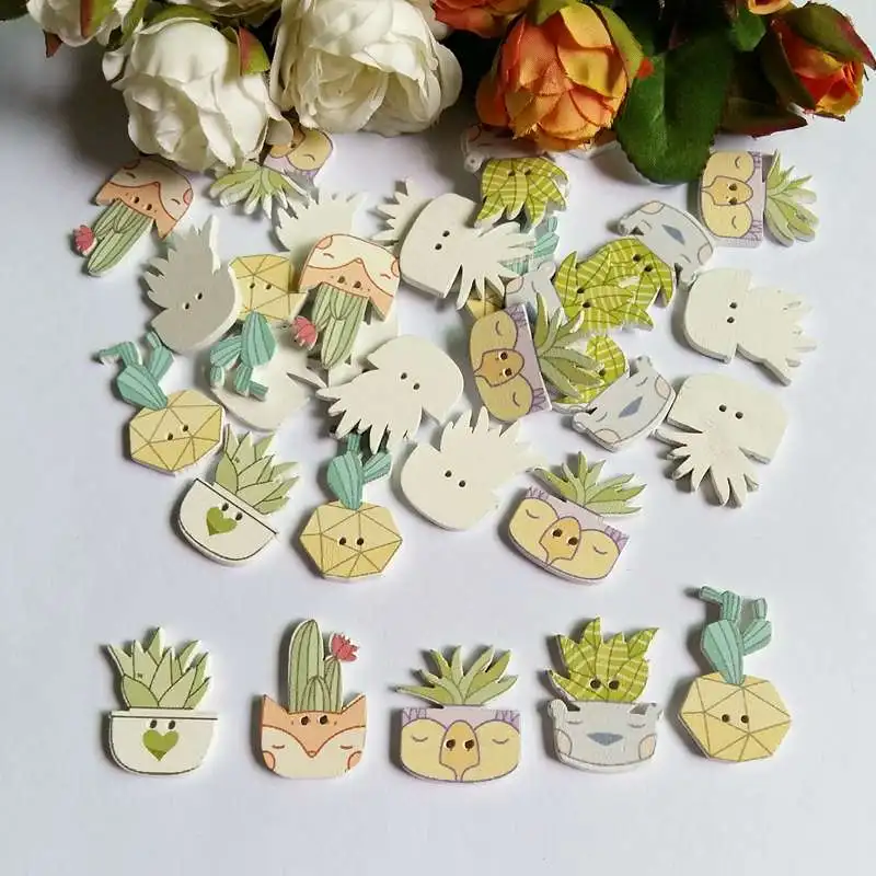 New 50PCs Mixed 5 Style 2-Hole Wooden Buttons Potted cactus Pattern Fit Sewing DIY Scrapbooking Accessories botones decorativos