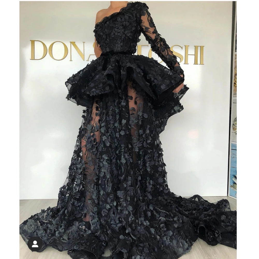 Vestidos negros de fiesta 2019, encaje de peplum hecho a mano, flores 3d, línea a, Vestidos de Noche, Vestidos árabes