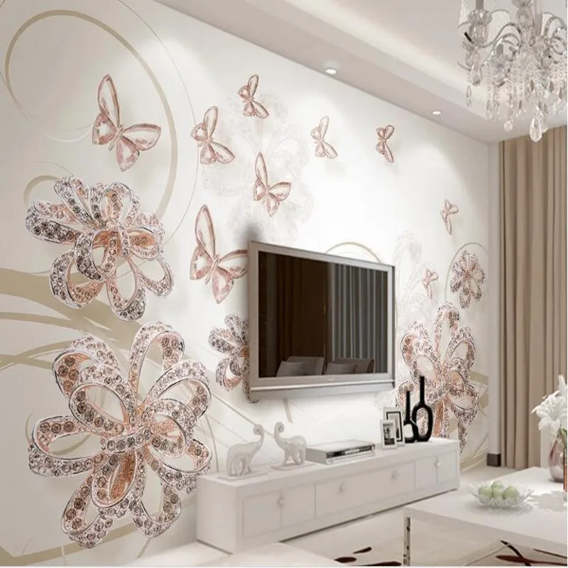 

wellyu Custom large fresco 3d nude color gorgeous jewelry flowers transparent butterfly TV backdrop fabric wallpaper