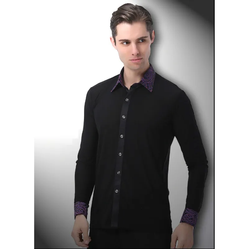 Camisas de baile latino para hombre, chaqueta de baile de manga larga, ropa para hombre, Chacha Square, Tops de baile de salón, B-6000