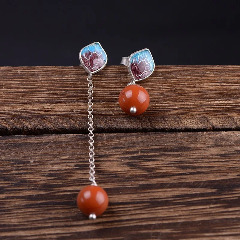 restoring ancient ways for women silver petals bluing south red pearl tassel AB version earrings