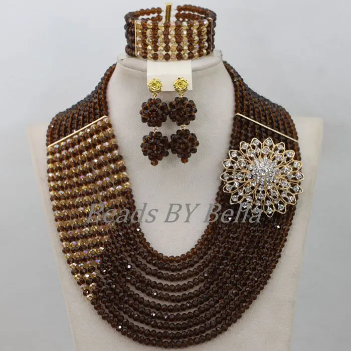 Traditional Brown Crystal Beads African Costume Jewelry Set Nigerian Wedding Necklace Bridal Jewelry Sets Free Shipping ABF824