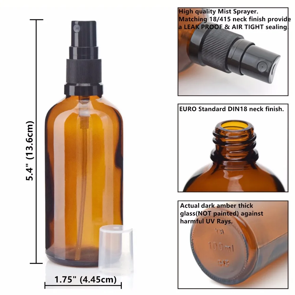 Amber Glass Spray Bottles for Essential Oils, Empty Small Fine Mist Travel Cosmetic Bottle for Cleaning, Hair, 4pcs, 4Oz, 100ml