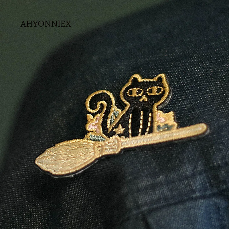 AHYONNIEX Embroidery Witch Magic Skull Cup Black Cat Patches For DIY Clothing Iron on Patch with Hot Melt Adhesive on The Back