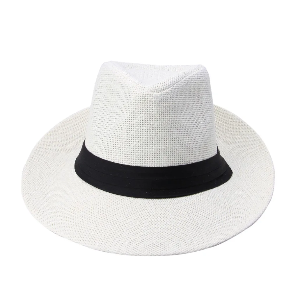 Sombrero de paja de papel con cinta negra para hombre y mujer, gorro de Sol de Jazz de ala grande, Trilby de playa informal de verano, moda caliente