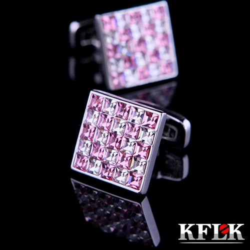 KFLK Luxury shirt cufflink mens gift Brand cuff button Pink and  White Crystal cuff link High Quality abotoaduras Jewelry