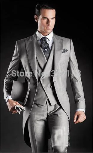 2015 Free shipping Beautiful Light Grey Morning Suits Groom Tuxedos Suit (Jacket+Pants+Vest+Tie+Kerchief)/western suitswedding m