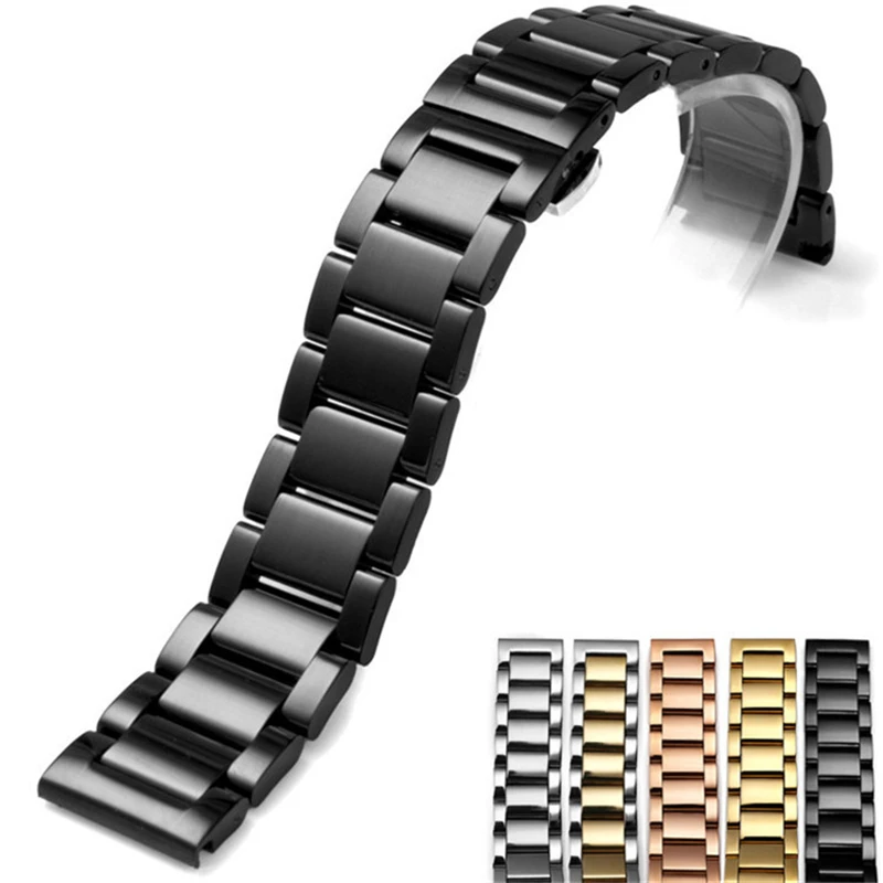 Glossy Matte Solid Stainless Steel Watch Band 16 18 20 21mm 22 23 24 26mm Butterfly Buckle Clasp Replacement Watch Strap