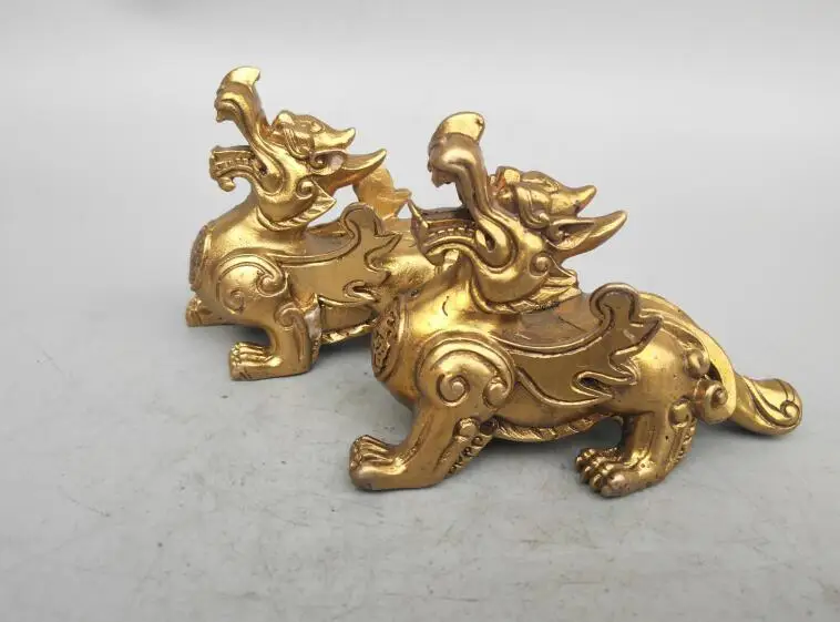 

China seiko carving Pure brass God beast A pair