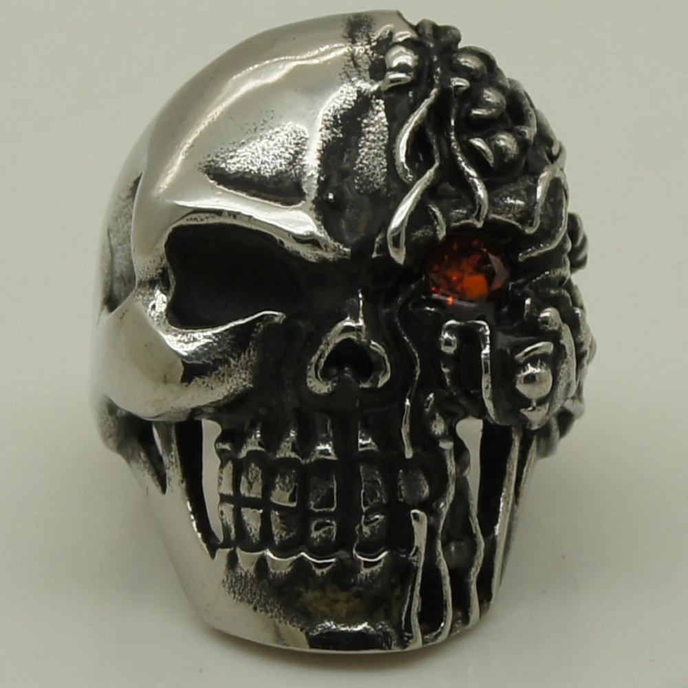 men/boy fire injured single red stone eye skull 316L stainless steel ring