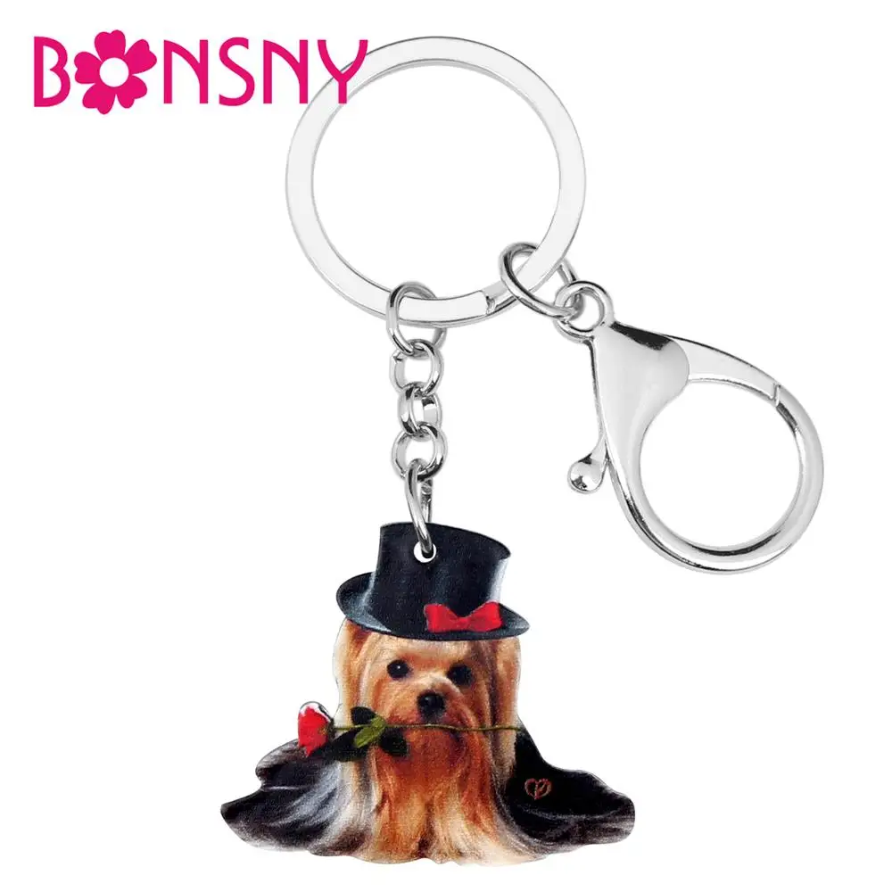 Bonsny Acrylic Hat Yorkshire Dog Keychains Key Ring Fashion Animal Jewelry For Women Girls Lovers Car Bag Pendant Charms Gift