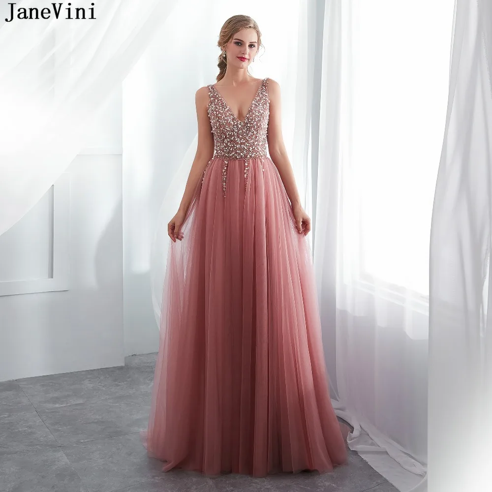 JaneVini – robe longue de demoiselle d'honneur, Sexy, décolleté en V profond, dos nu, traîne de balayage, fente haute, perles, ligne A, robes de bal formelles en Tulle