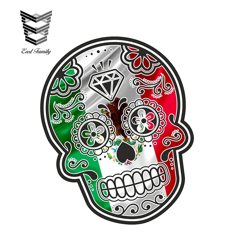 EARLFAMILY 13cm X 10.7cm Mexican Day of The Dead Sugar Skull with Mexico Mexican Flag Motif External Vinyl Car Stickers