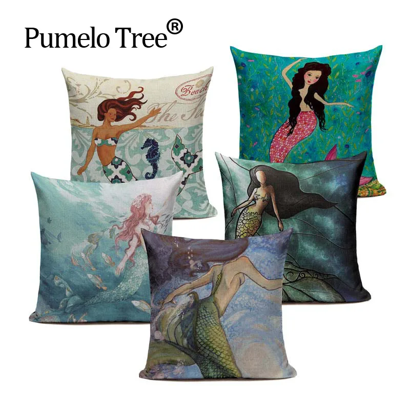 Cartoon Mermaid Cotton Linen Pillowcase Pillow Cover Ocean Style Chair Seat and Waist Square 45x45cm Cushion Cover Home Living