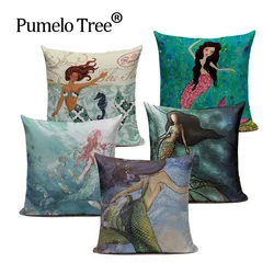 Cartoon Mermaid Cotton Linen Pillowcase Pillow Cover Ocean Style Chair Seat and Waist Square 45x45cm Cushion Cover Home Living