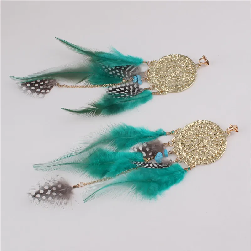 New Design Big Bohemian Ethic Real Feather Clip on Earrings for Women Elegant Gold Color Round Rhinestone Long Pierced Earrings