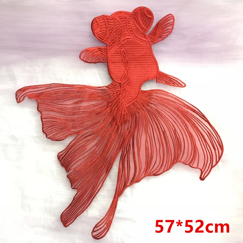 High quality organza embroidery red goldfish patch with super large fish cloth stickers children DIY decoration patches applique