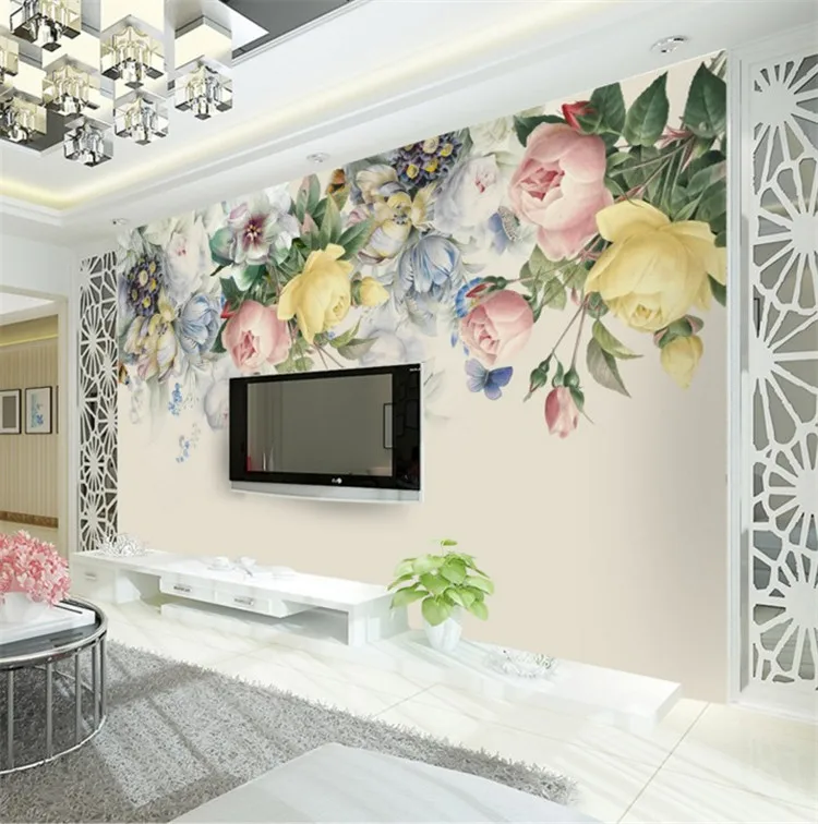 

Custom contracted rural mural sitting room sofa background wall paper, film and television wall cloth color flowers