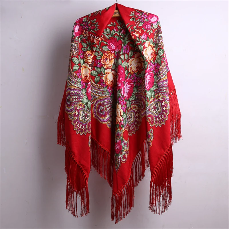 135x135cm Long Tassel Russian Style Ethic Flower Printing Square Scarf Shawl Long Tassel Oversized Floral Bandana Wrap Cape 269