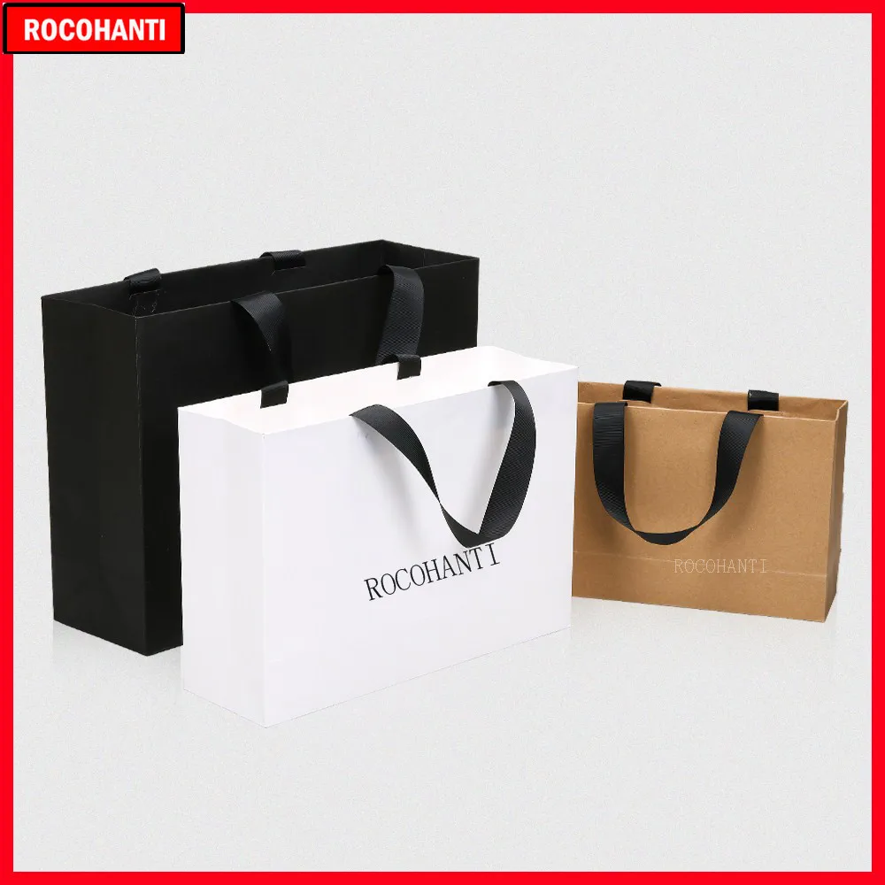 50X Custom Logo Paper Shopping Bag With Ribbon Handle for Clothing Gift Packaging Bag Sacola De Papel