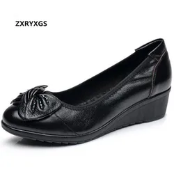 ZXRYXGS 2024 New Elegant Comfortable Spring Bow Casual Shoes Woman Wedges High Heels Genuine Leather Shoes Women Fashion Shoes