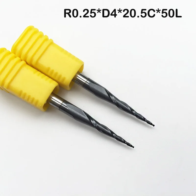 2PCS R0.25*D4*20.5*50L CNC Spherical Cone Solid Carbide End Mill Woodworking Router Bit 2 Flutes Taper Ball Nose Milling Cutter