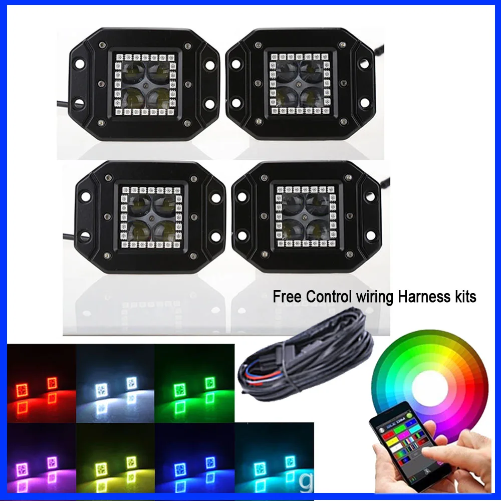 

4x 4D 5 inch Flush Mount LED Work Light Bar Cube Pods Reverse Backup Lamp 120W/set with Chasing RGB Halo Kit For Truck SUV 4X4