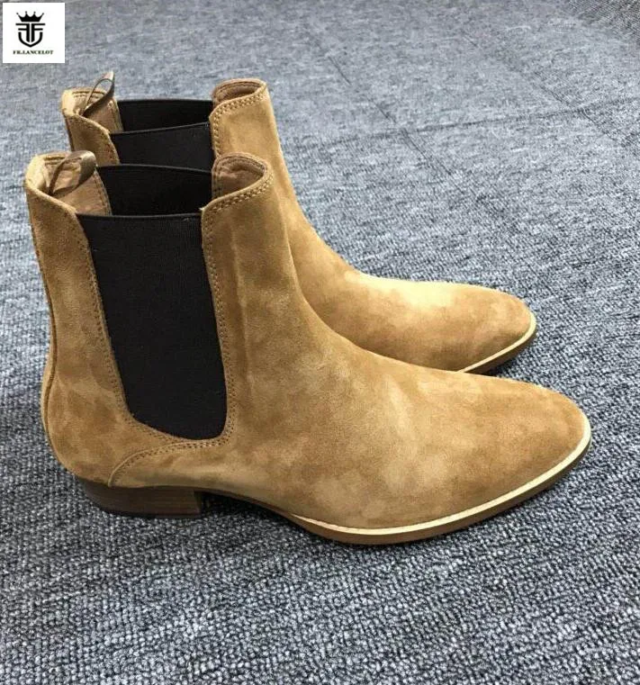 

FR.LANCELOT 2020 fashion new men's boots slip on pointed toe suede leather chelsea boots med heel men boots party dress booties