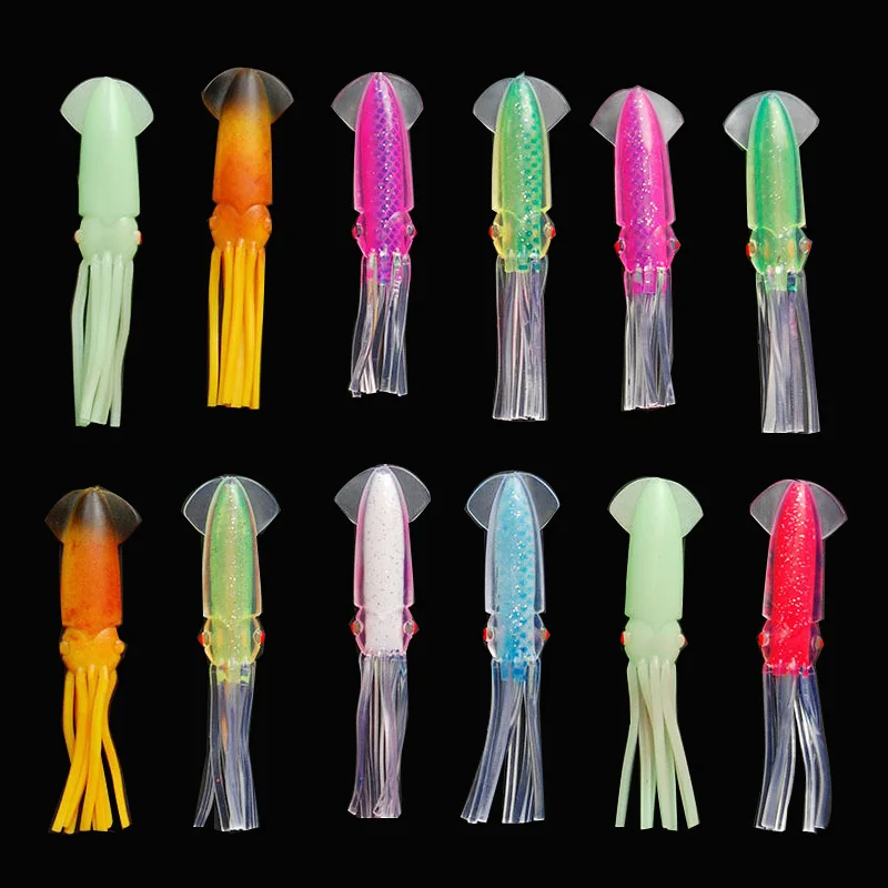 12pcs 12cm Soft Plastic Squid Fishing Lure For Jigs Big Game Fishing Luminous Squid Skirts Artificial Jigging Bait Lures