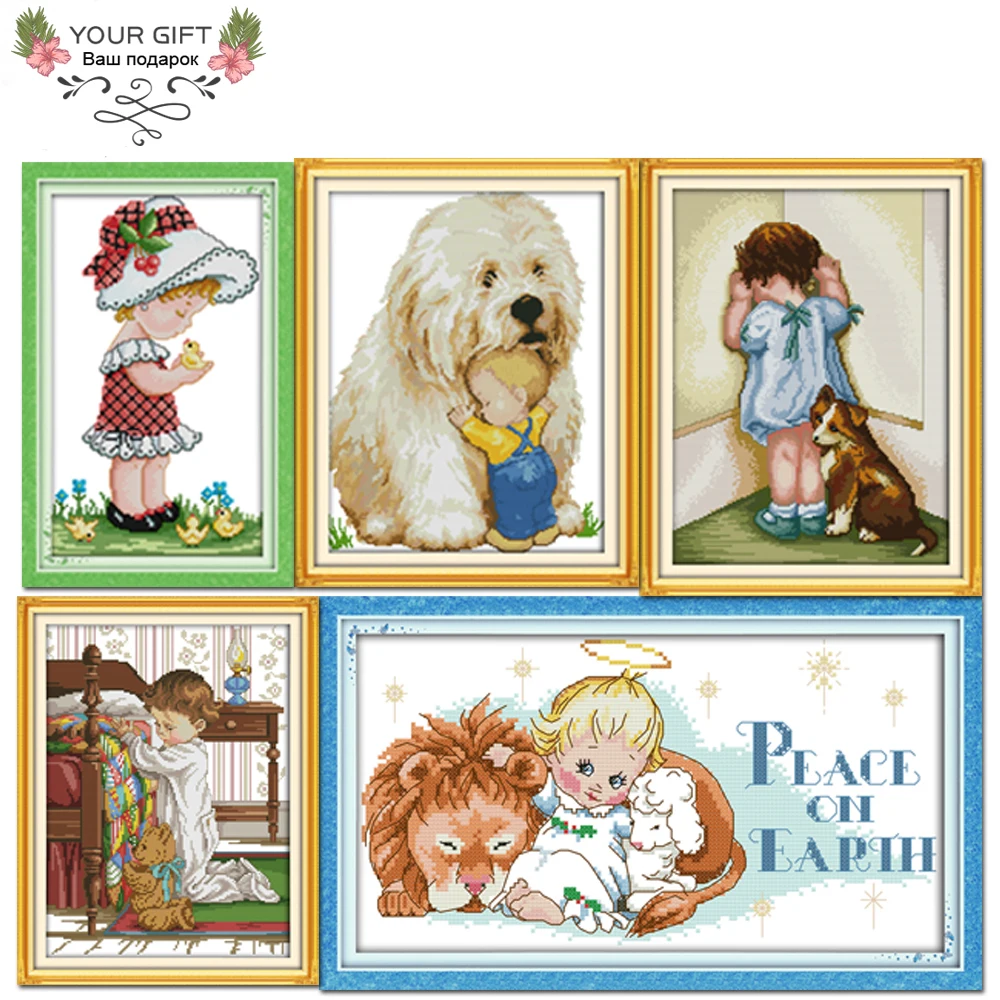 Joy Sunday R369R370R379R382R383 Counted and Stamped Home Decor Girl Dog and Baby Pray Beside the Bed Holly Angel Cross Stitch