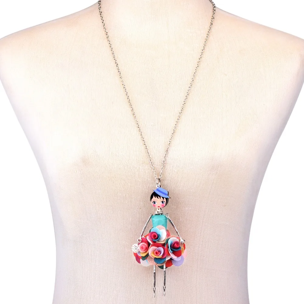 Bonsny Statement Flower Doll Necklace Dress Handmade French Doll Pendant News Alloy Girl Women Flower Fashion Jewelry Gift