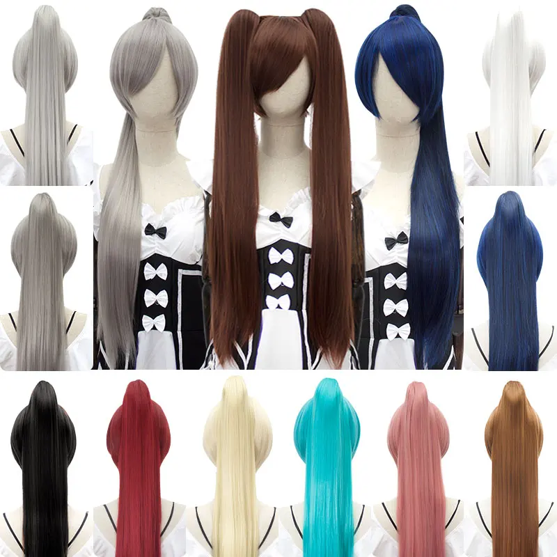 HSIU 80Cm Long Staight Ponytail Clip Cosplay Wig high temperature fiber Synthetic Wigs Anime Party Ponytail Party wigs 14 color