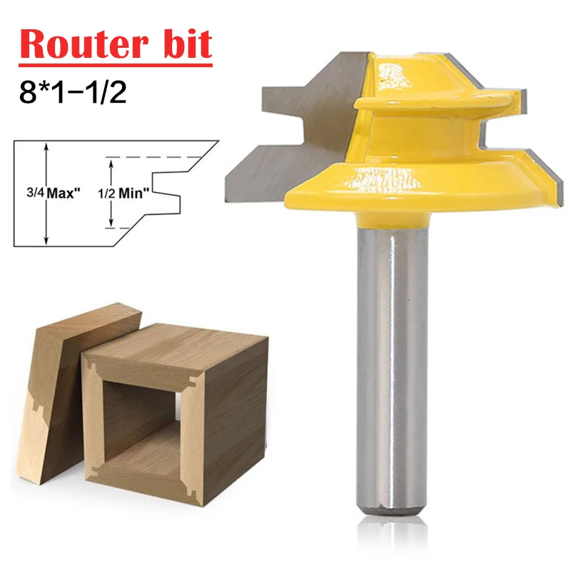 Woodworker Lock Miter Router Bit 45 Degree Width 8*1-1/2 Woodworking Drill Bit 8mm Shank Tenon Cutter Woodwork Milling Cutters