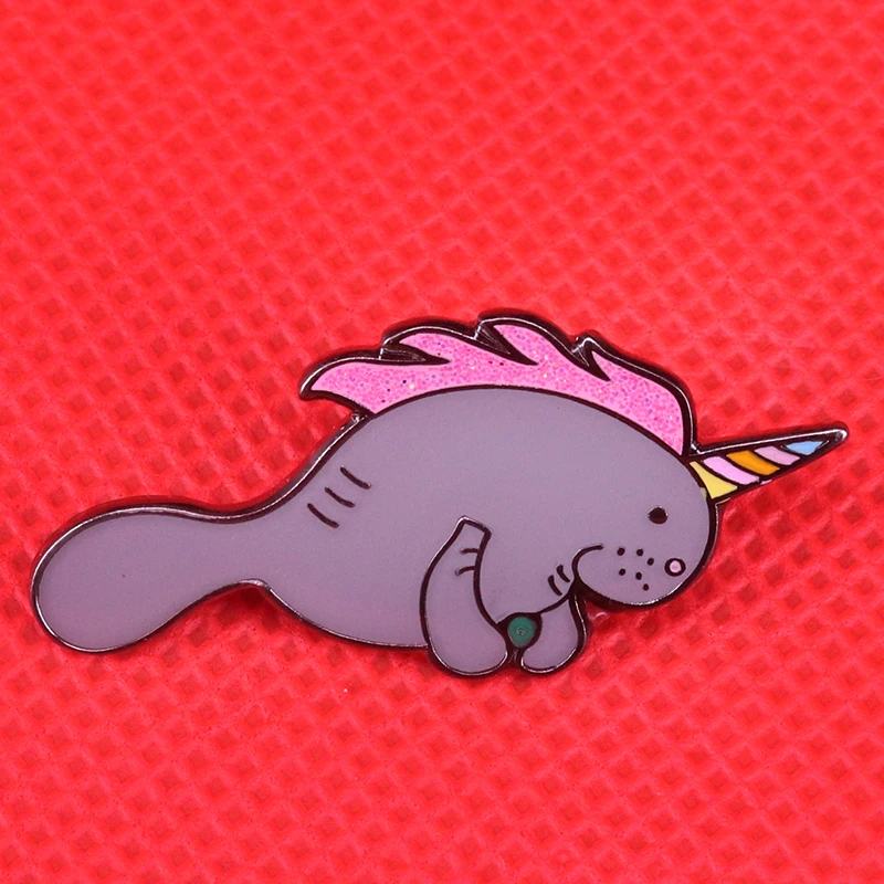 Manatee unicorn brooch cute glitter pins pastel art badge sea animal jewelry funny kids gift girls backpack clothes accessory