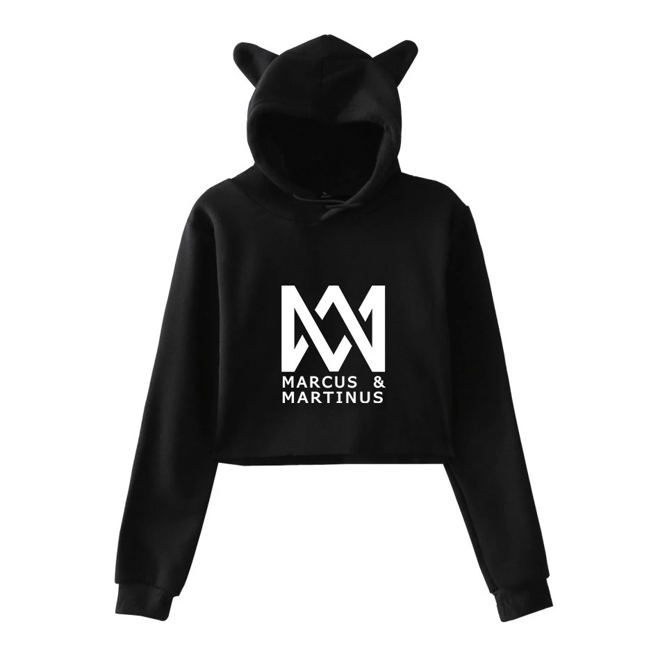 KPOP Crop Top Hoodies Marcus & Martinus Cat Ear Hoodies Sweatshirt Cuit Kpop Geometric Casual Women Soft Sweatshirt XXS To XXL