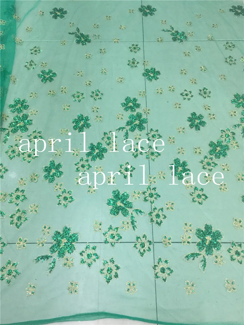 

stock ap2057 #10 yards green dobby flowe glued glitter net tulle mesh sugar lace fabric for sawing dress