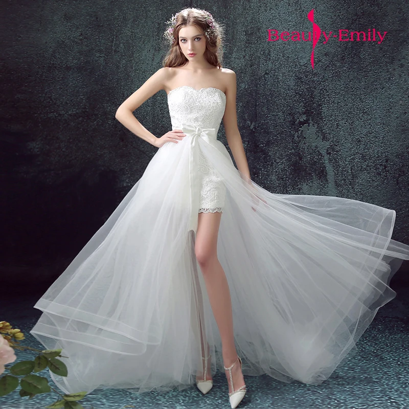 

Short wedding dress for summer wedding holiday shooting strapless detachable train wedding gowns beauty emilly robe de mariee