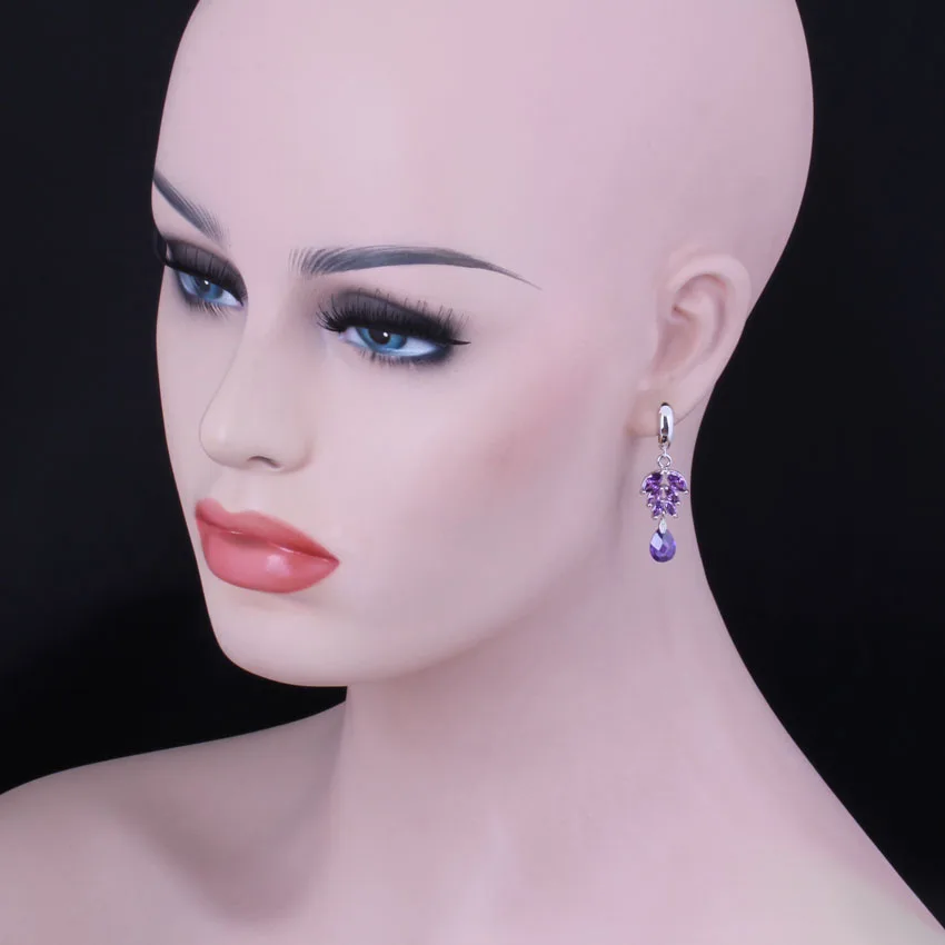 Flawless Water Drop Purple Cubic Zirconia Silver Plated Drop Dangle Earrings V1008