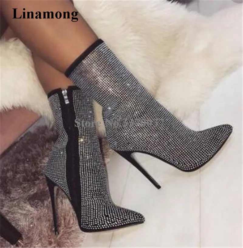 Women Luxury Bling Bling Pointed Toe Rhinestone Thin Heel Short Boots Black Zipper-up High Heel Ankle Booties Wedding Club Shoes