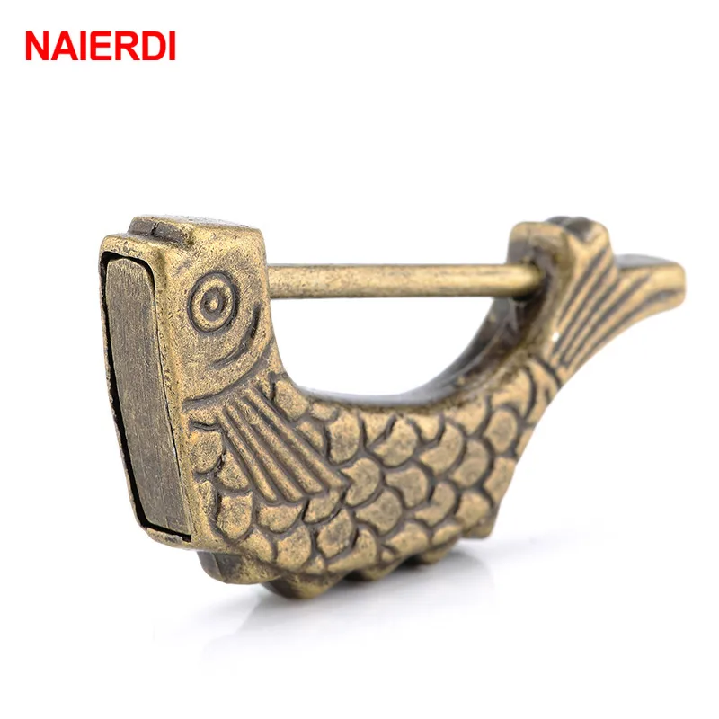 NAIERDI 60*30mm Vintage Chinese Keyed Padlock Antique Old Style Retro Lock Zinc Alloy Jewelry Box Fish Pattern Lock Home Decor