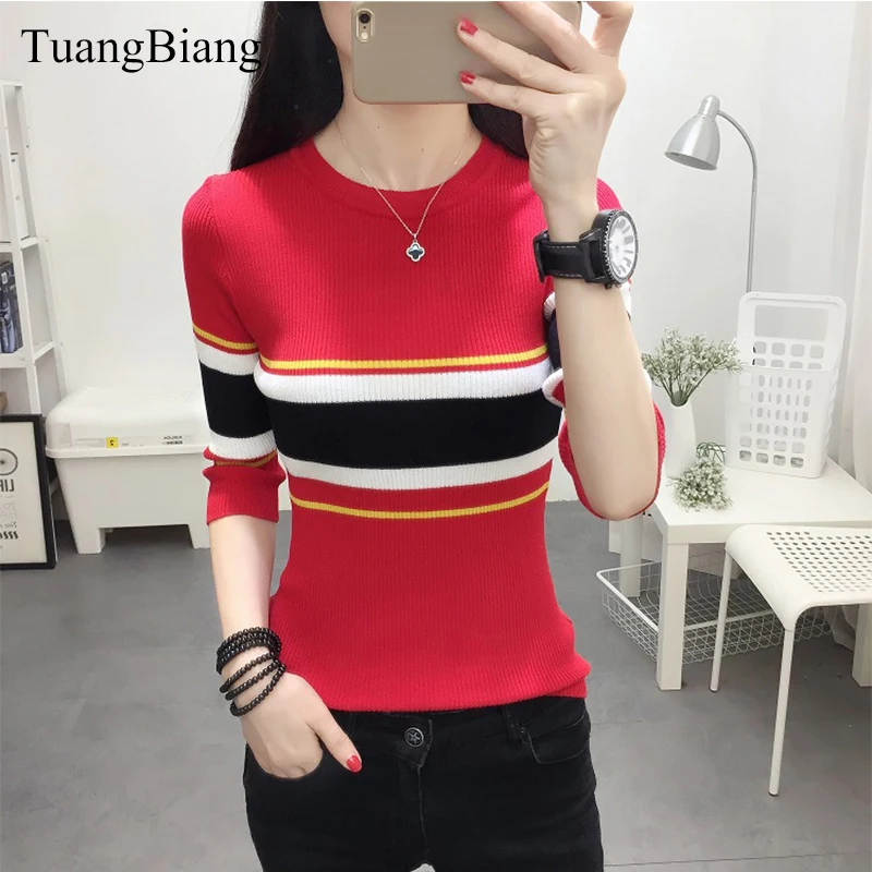 2023 Spring Women Half Sleeve Sweaters Slim O-Neck Striped Pullovers Sweaters Female Autumn Elasticity Bottoming Cotton Jumpers