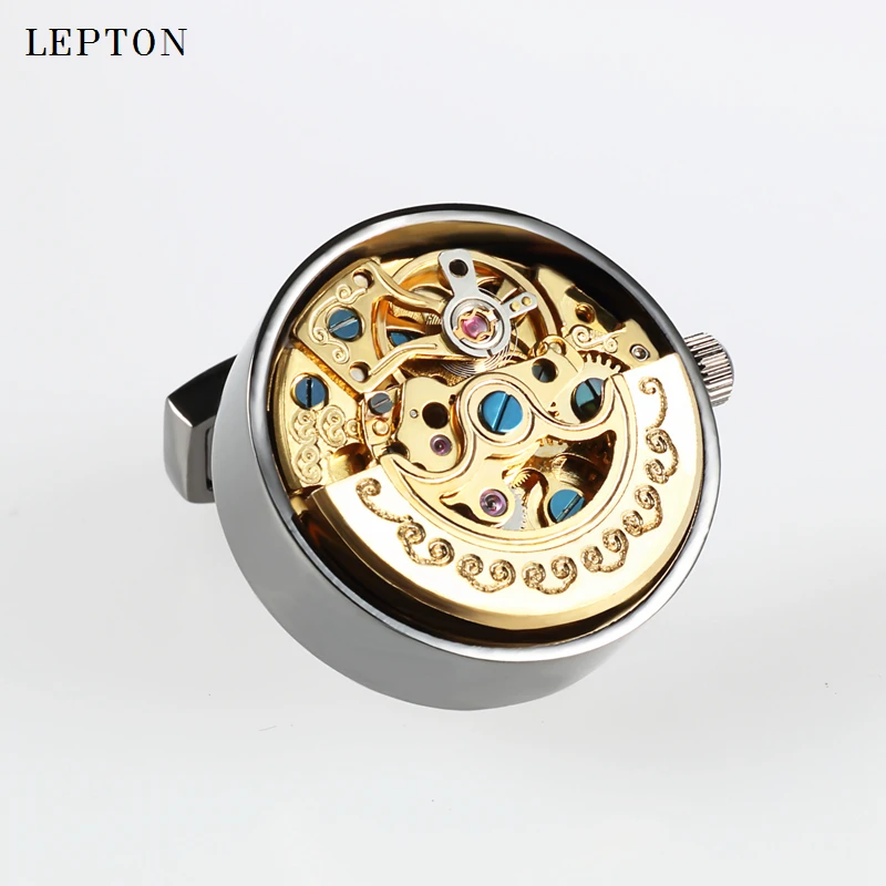 Low-key Luxury Functional Watch Movement Cufflinks Lepton Stainless Steel Steampunk Gear Watch Mechanism Cufflinks for Mens