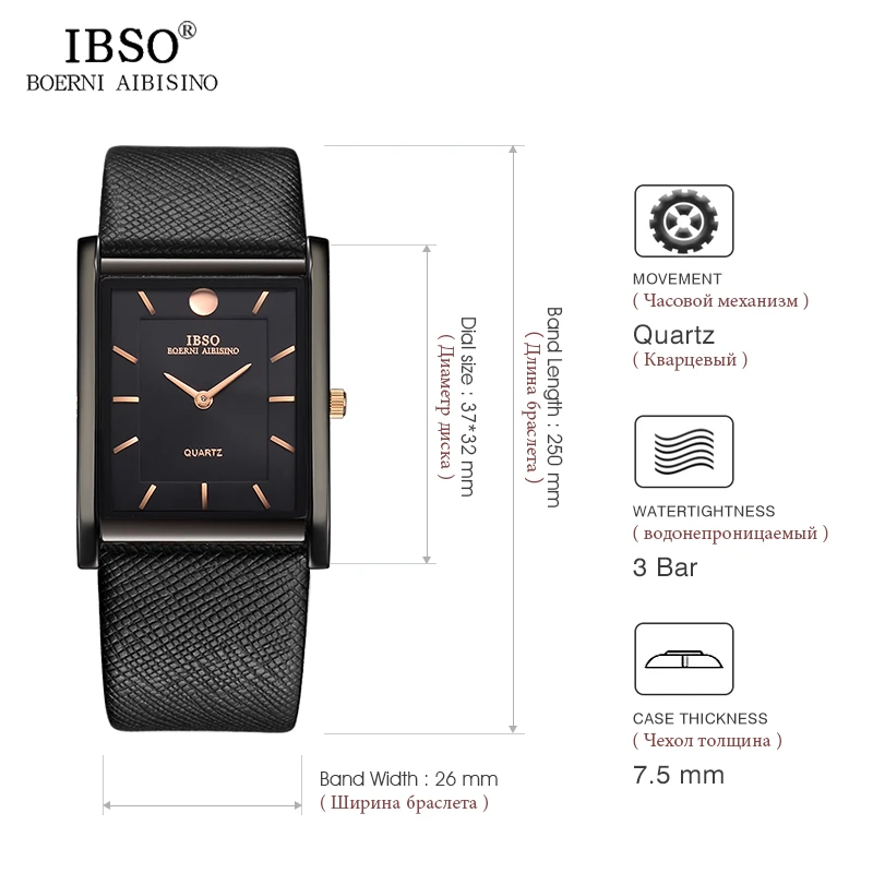 IBSO Jam Tangan Kuarsa Dial Persegi Panjang Ultratipis 7MM Jam Tangan Tali Kulit Asli Hitam Jam Tangan Kuarsa Pria Bisnis Klasik