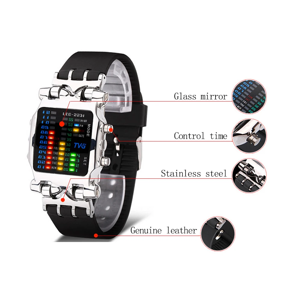 Men\'s Digital Watch TVG Cool Creative Fashion LED Display Waterproof Binary Digital Clock Casual Gift Business Student Casual